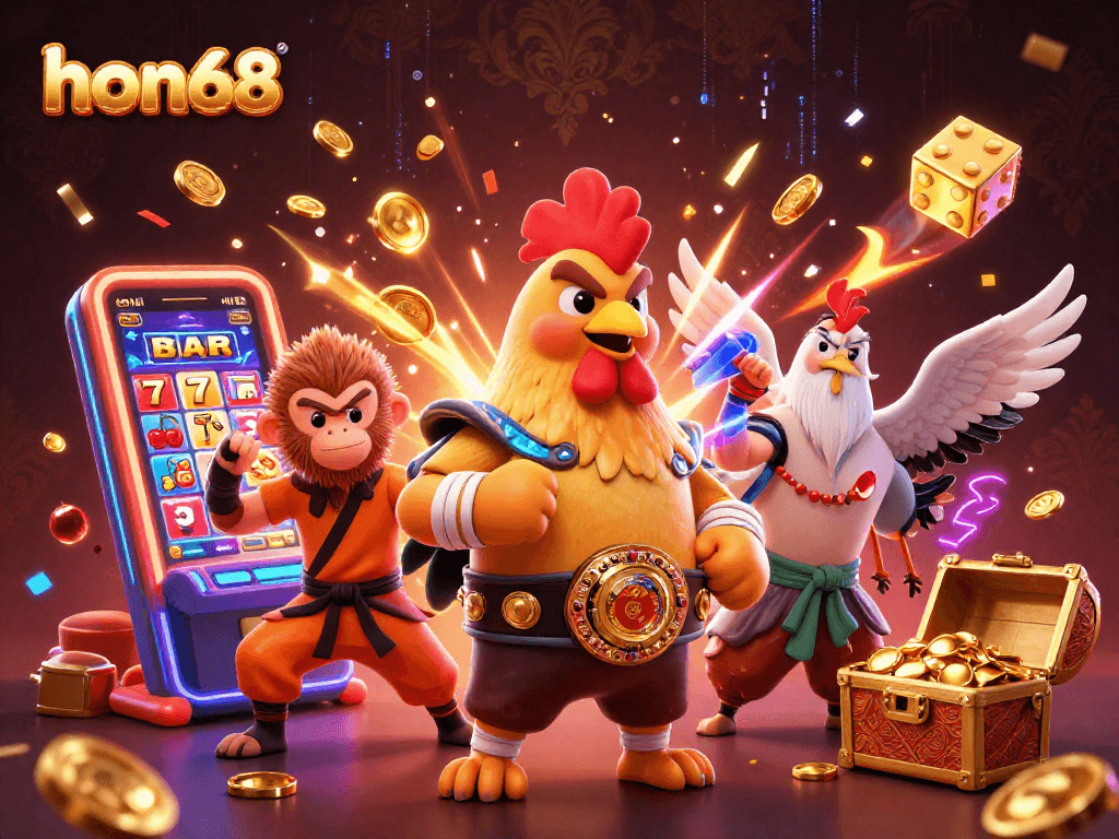 Win big with hon68 as a fierce Muay Thai rooster, Shaolin monkey, and wise crane celebrate at the jackpot!
