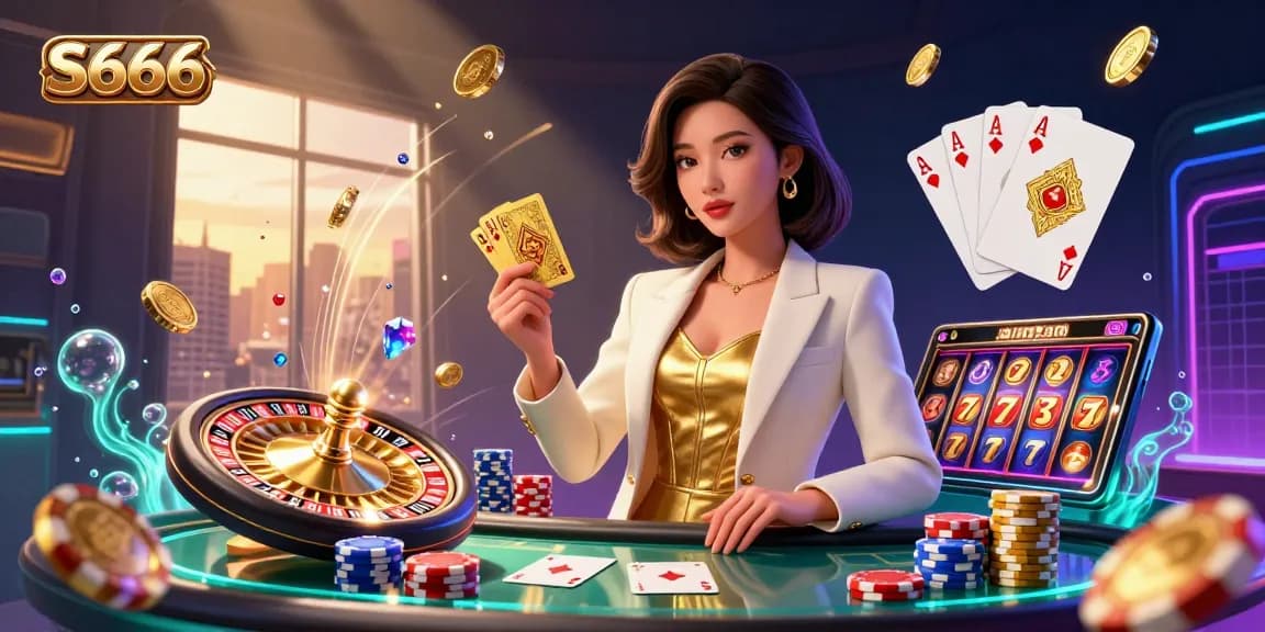 S666 provides thrilling casino action with an elegant Asian woman in a luxurious casino setting.