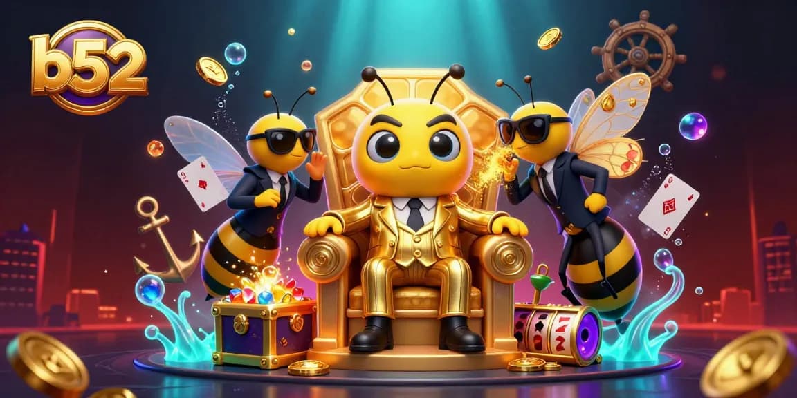 Play lucky slots and win at b52 in this vibrant casino-themed illustration featuring fun characters.