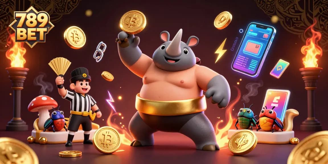 Enjoy thrilling gameplay at 789 BET while watching a sumo beetle compete with golden coins flying.