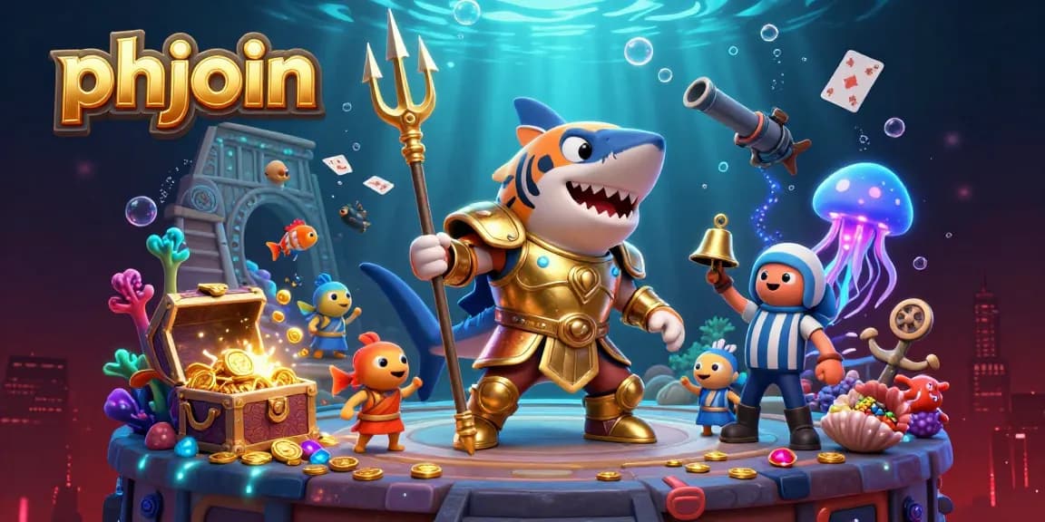 Experience thrilling underwater adventures with phjoin's vibrant casino games featuring a golden shark and treasures.