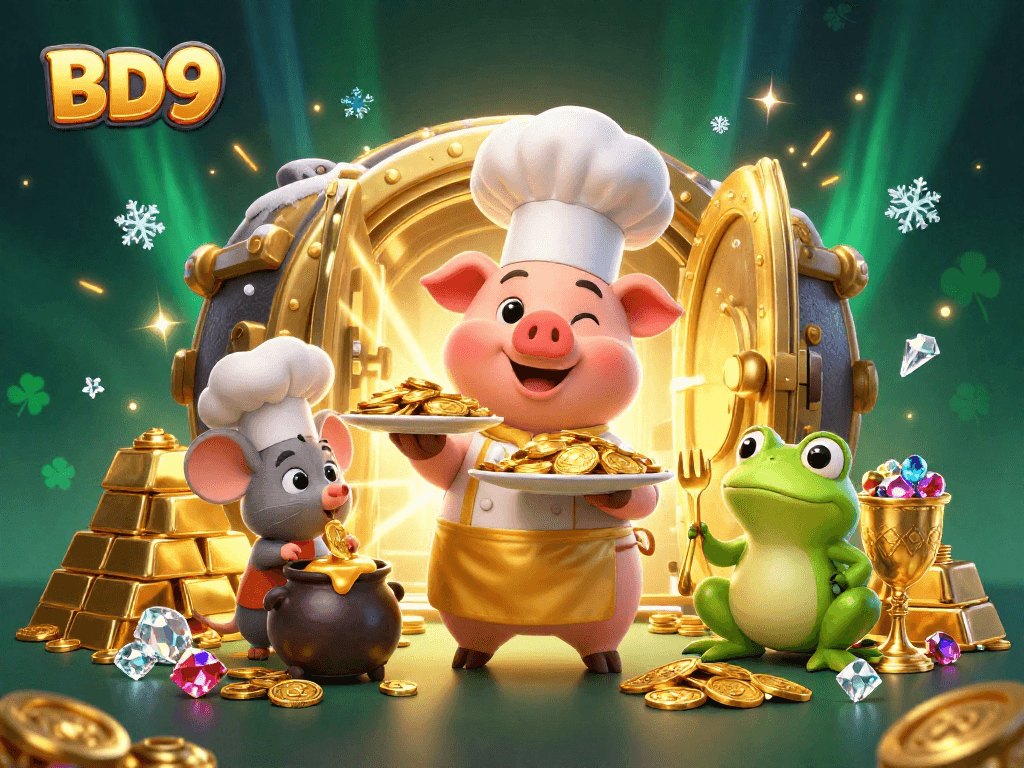 Experience high-stakes gaming at BD9 with gourmet gold coins in a vibrant casino scene.