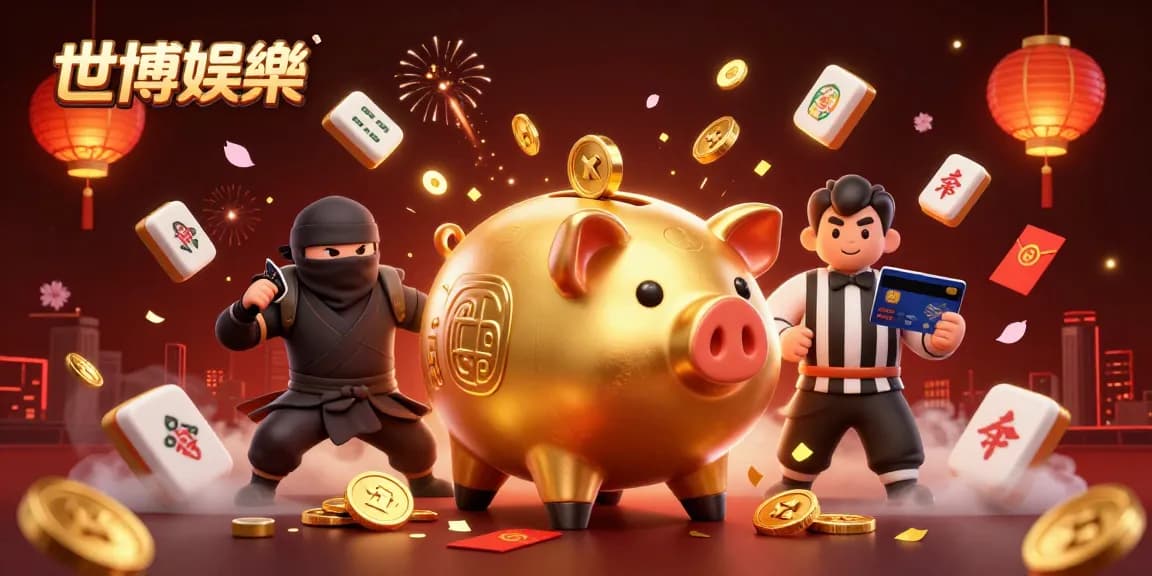 世博娛樂体验中,金色存钱罐力士与忍者对抗,周围遍布幸运元素与游戏道具。