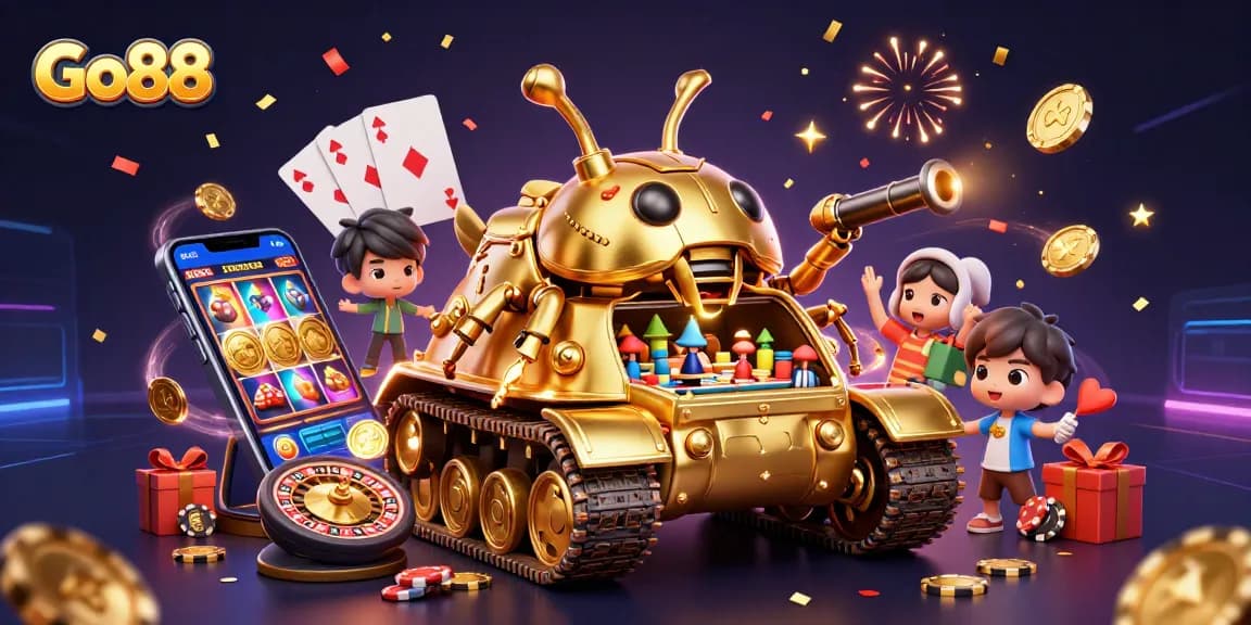 Engage with the vibrant world of Go88 in a dazzling casino-themed 3D illustration.