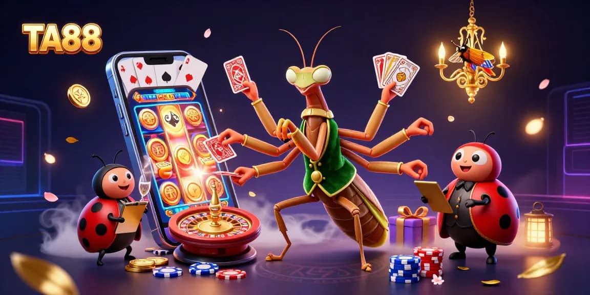 TA88 engages players with a vibrant casino scene featuring an animated praying mantis dealer.