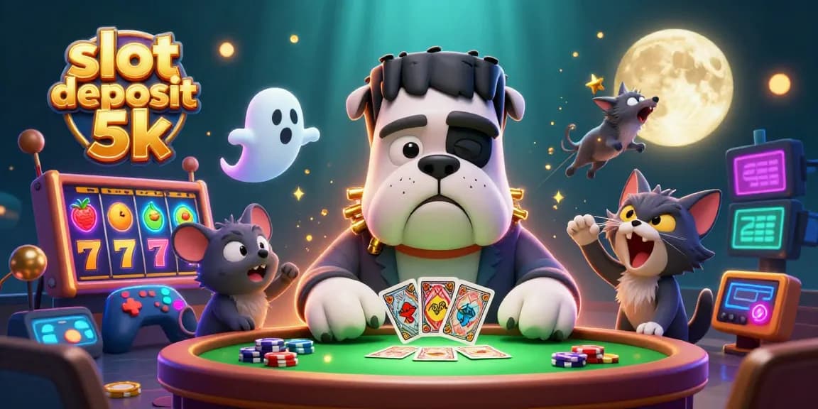 Engage in thrilling slot deposit 5k action with a whimsical 3D casino scene featuring a Frankenstein bulldog and ghost mouse.