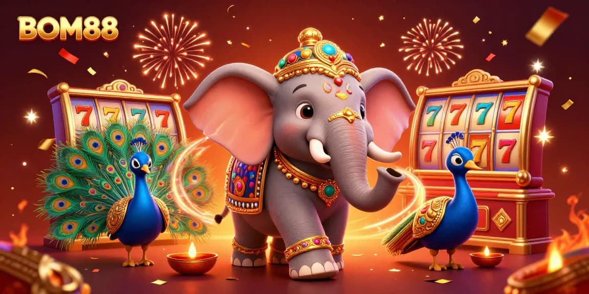 BOM88 engages players with a dazzling illustration of a casino elephant, slot reels, and vibrant celebrations.