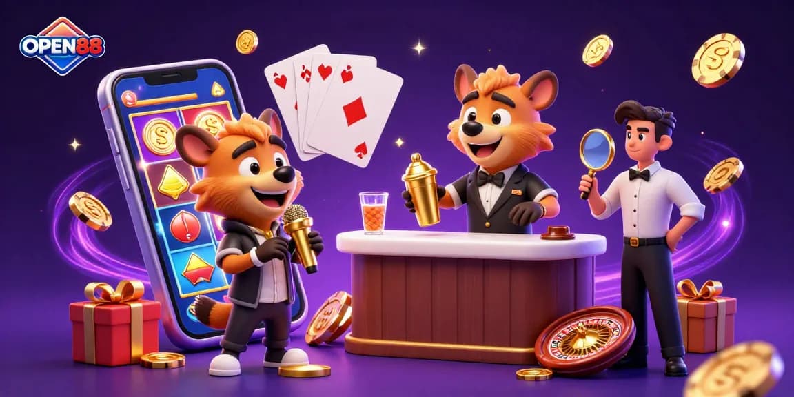 Experience the fun at OPEN88 with vibrant comedy casino scenes showcasing exciting gaming elements and hyena characters.