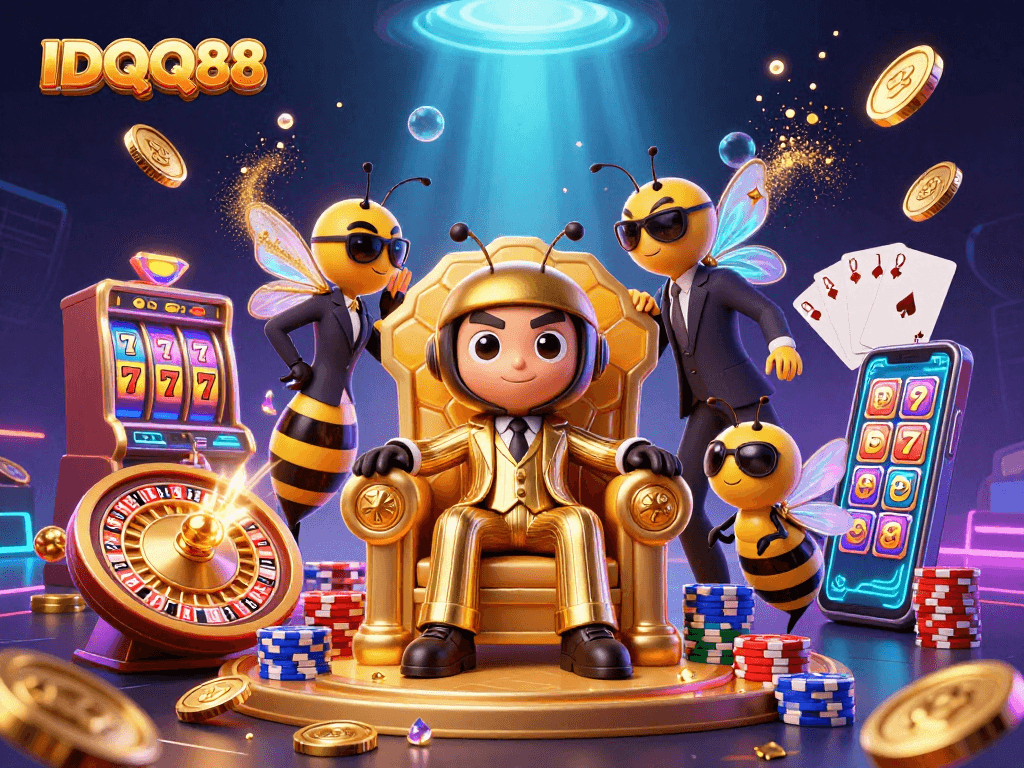 IDQQ88 engages players with vibrant slot themes and dynamic gaming elements in a thrilling 3D casino scene.