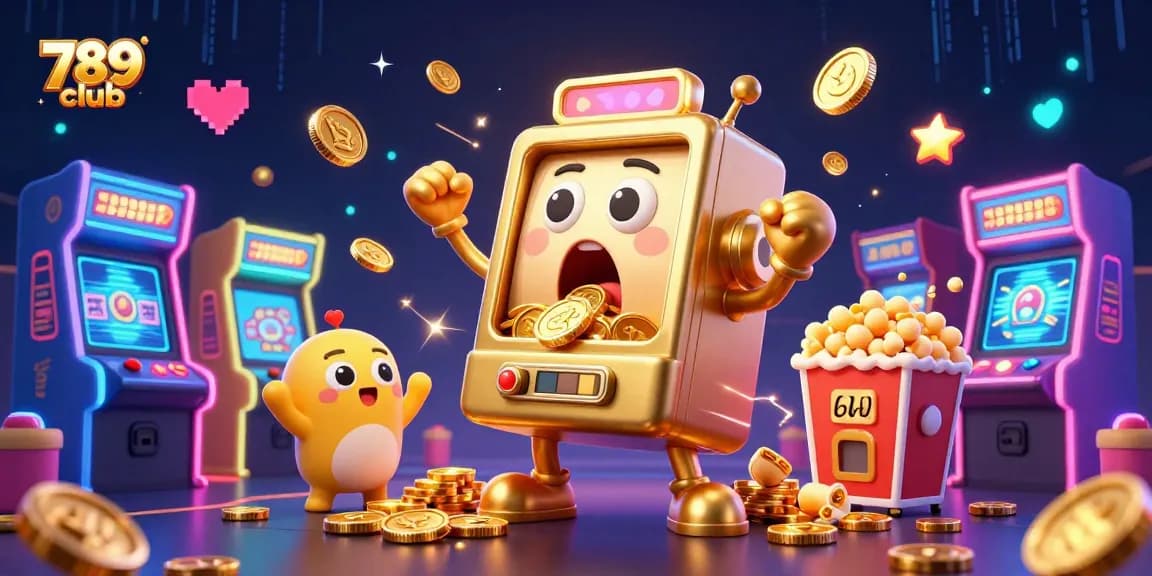 789club jackpot celebration featuring a golden slot machine surrounded by cheering smaller machines.
