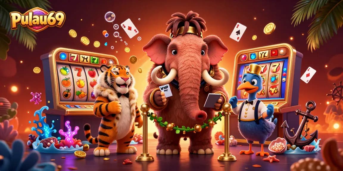 Engage with pulau69 at the vibrant casino scene featuring a woolly mammoth bouncer, saber-tooth tiger VIP, and vibrant gaming elements.