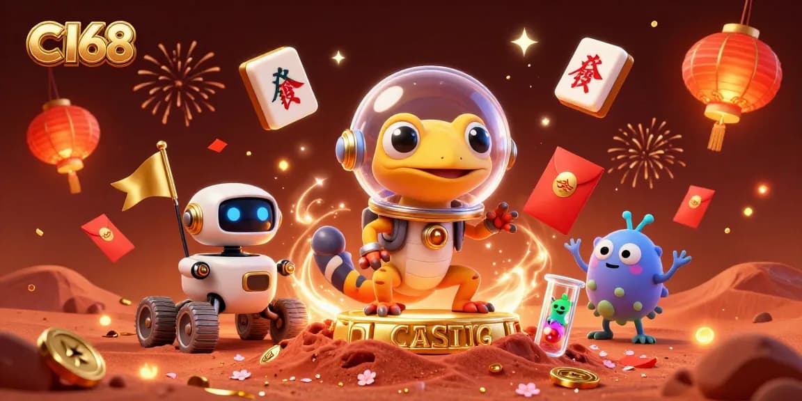 C168 showcases a vibrant 3D casino scene with a gecko explorer, celebrating wins with stunning game elements.