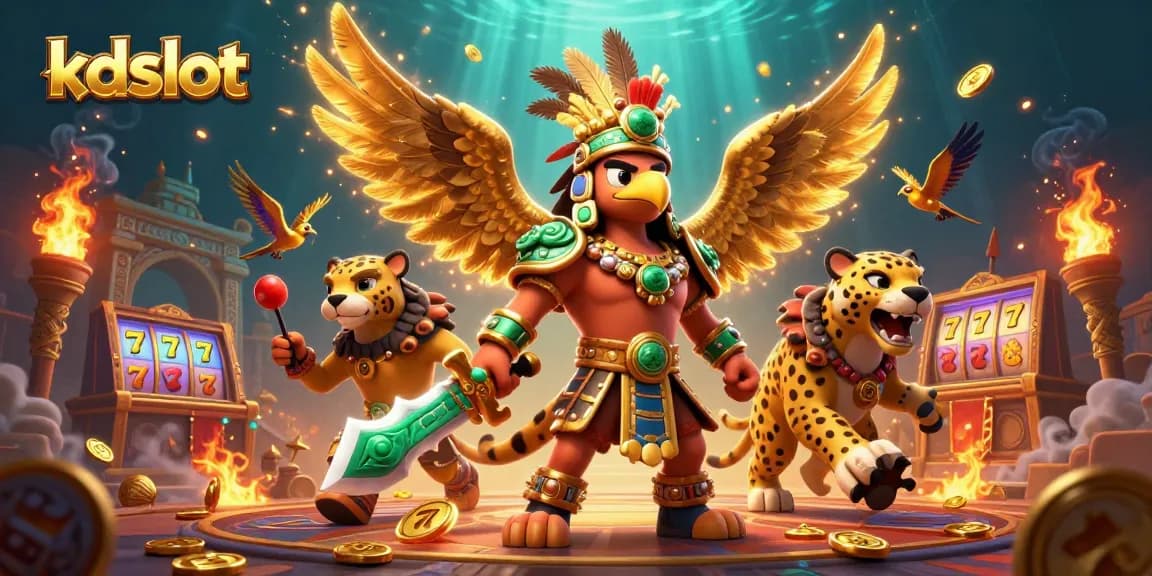 Engage with kdslot's thrilling action in a vibrant 3D casino scene featuring slot games and ancient warriors.