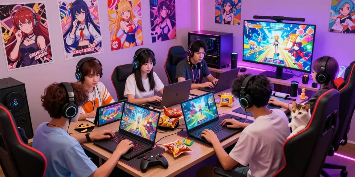 Engaged gamers playing hentai games in a vibrant, cozy gaming room.