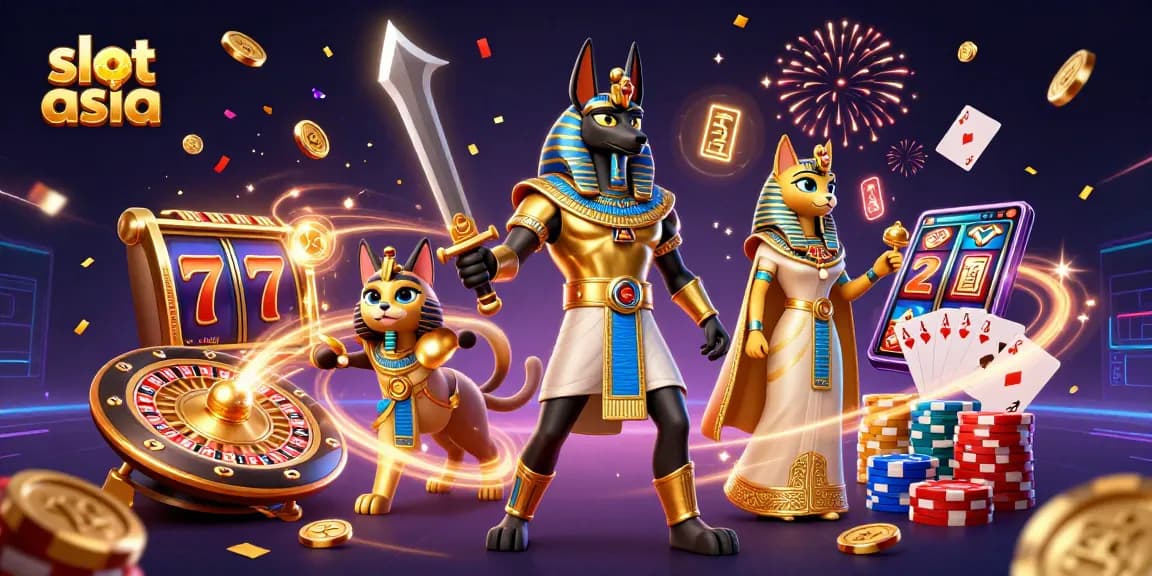 Slot Asia menampilkan Anubis dan Bastet dalam kasino, dikelilingi koin emas dan mesin slot.