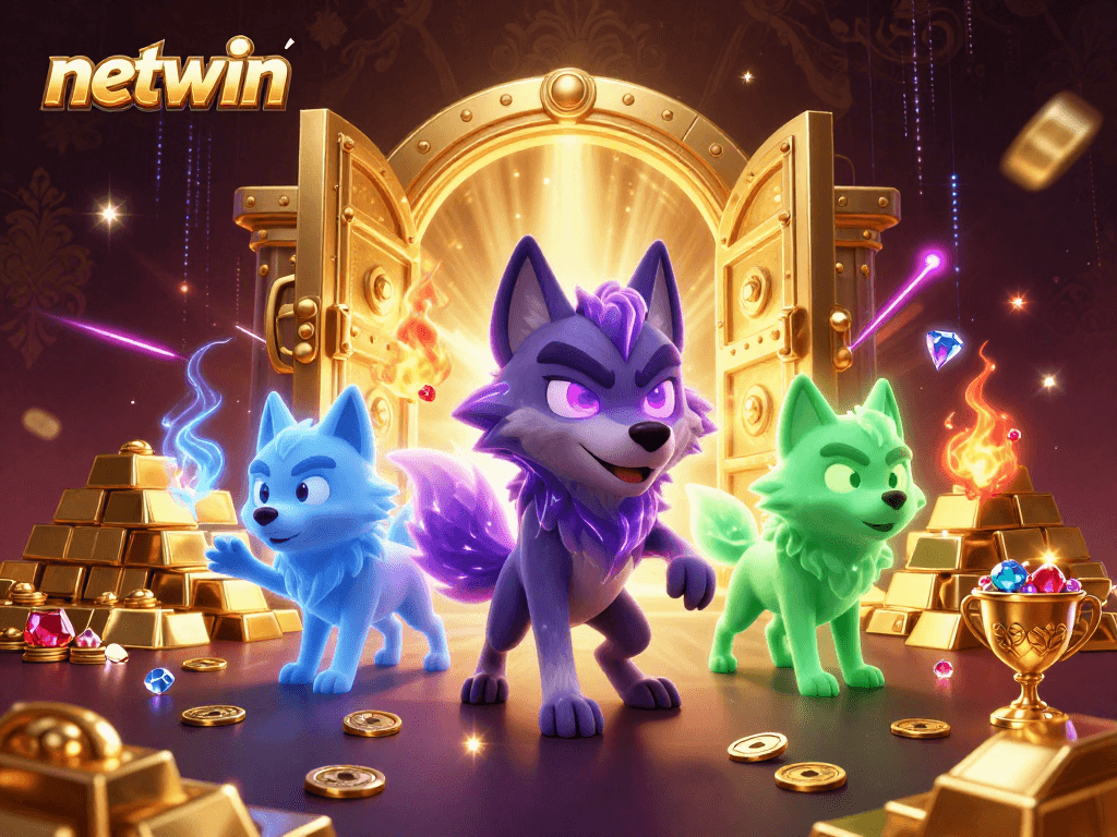 Experience the excitement of netwin with a mystical wolf pack surrounded by treasures and vibrant energy.