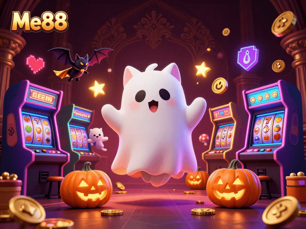 Engage with Me88's thrilling atmosphere featuring a ghost cat and arcade elements.