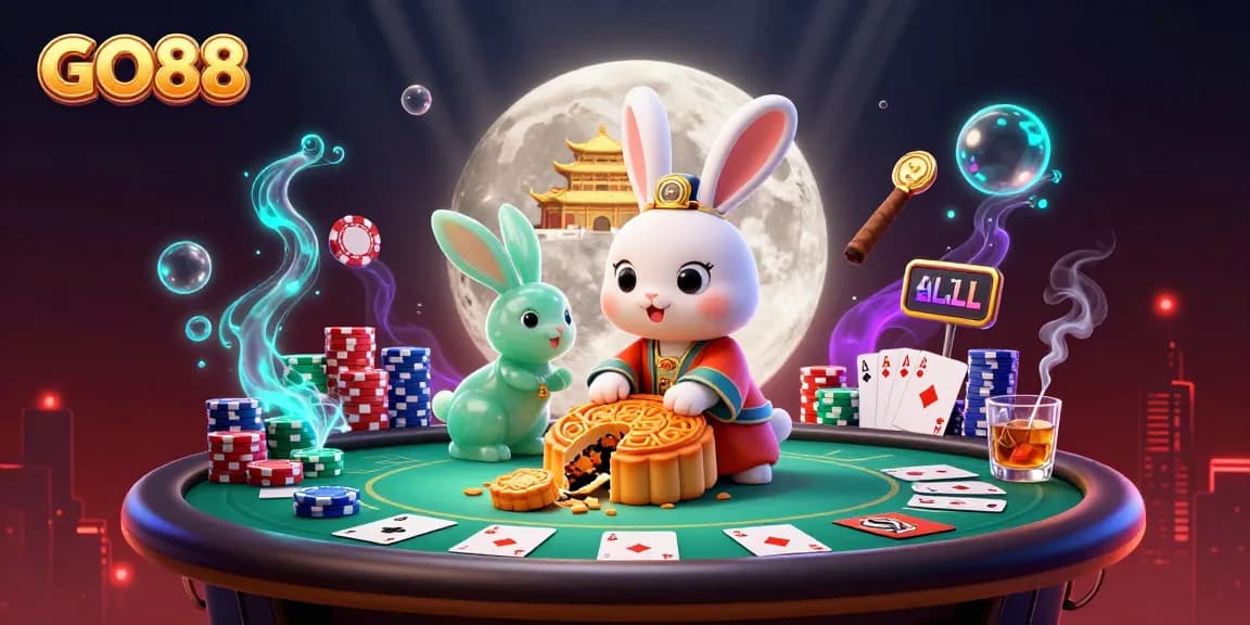 Experience GO88's vibrant scene as the moon rabbit showcases poker winnings and treasure.