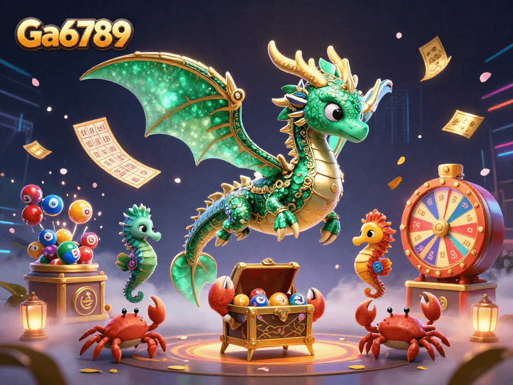 Engage with Ga6789’s vibrant lottery scene featuring colorful balls, dragons, and treasure.