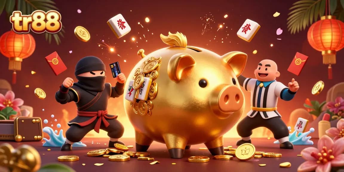 Experience thrilling action with the tr88 sumo wrestler piggy bank at this vibrant casino scene.