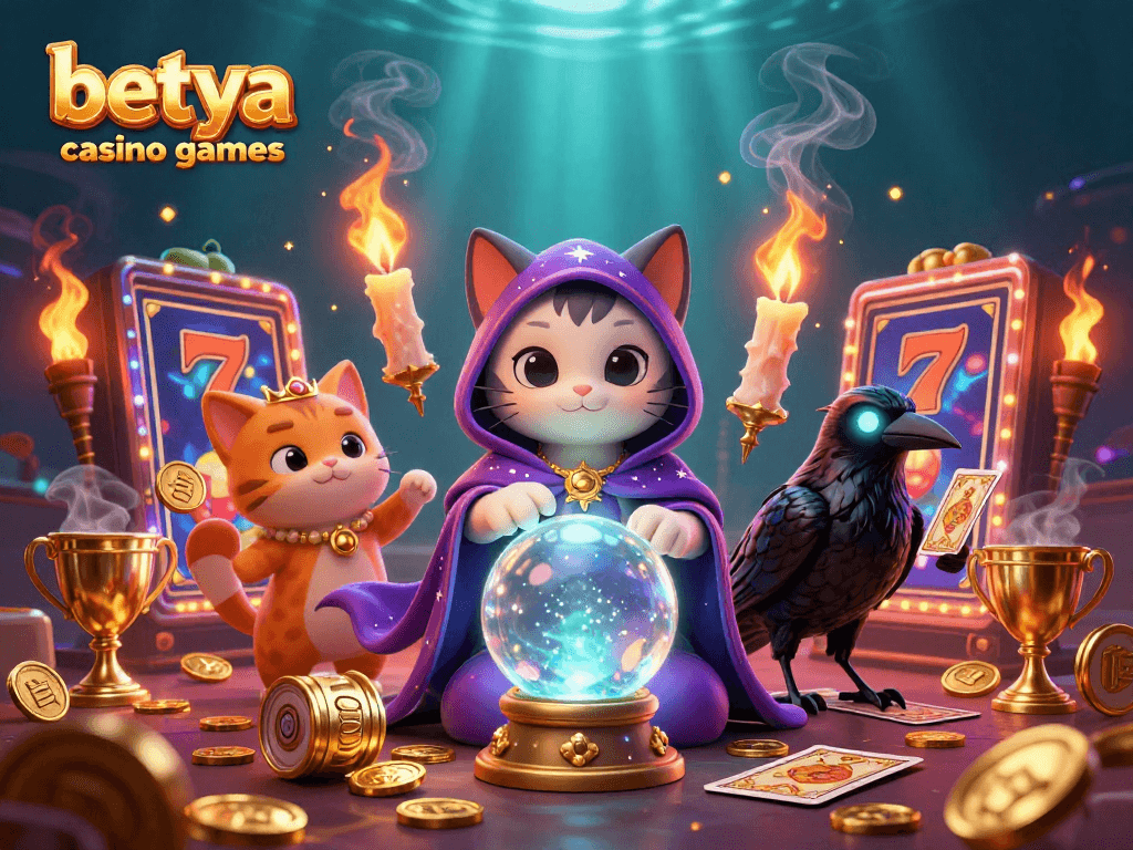 Enjoy vibrant betya casino games with a mystical cat, raven, and colorful slot elements!