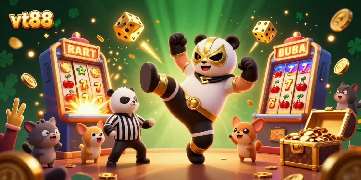 Experience excitement with vt88, featuring a 3D panda wrestler in action with slot machines and festive visuals.
