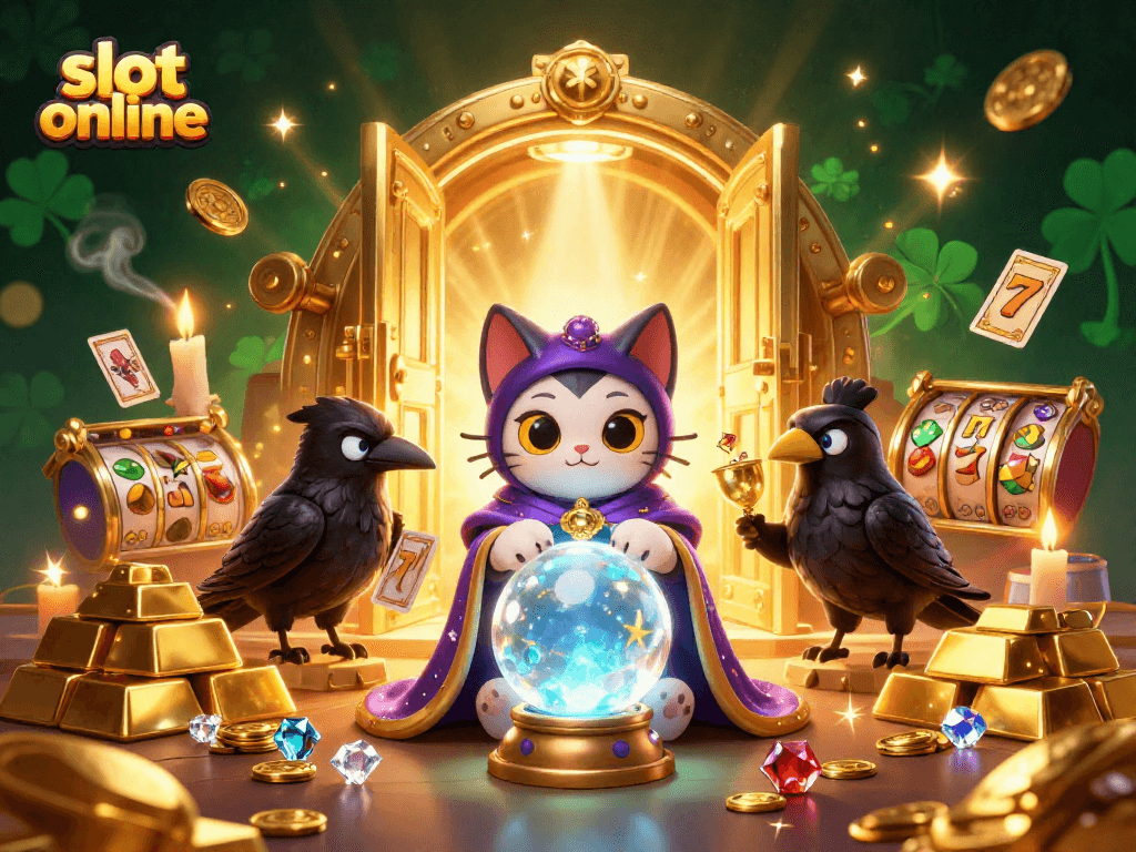 Menggandakan pengalaman bermain slot online dengan ilustrasi 3D kucing peramal, burung gagak, dan elemen permainan kasino yang kaya