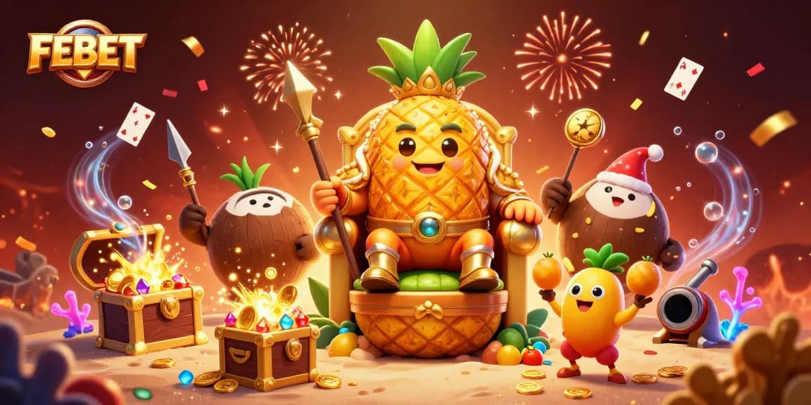 Experience exciting gaming at FEBET with a vibrant casino illustration featuring characters, treasures, and immersive elements.