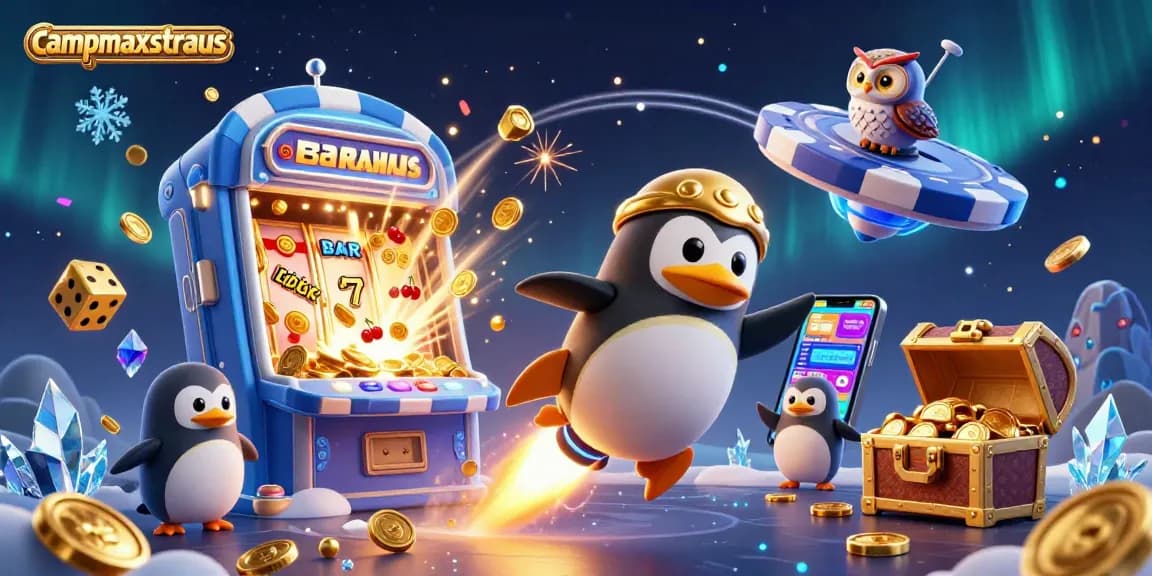 campmaxstraus menampilkan penguin emas bertenaga roket dalam ilustrasi kasino yang penuh wang emas.