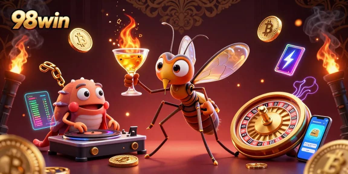 Experience the thrill of 98win through a dynamic casino-themed illustration featuring engaging characters and elements.
