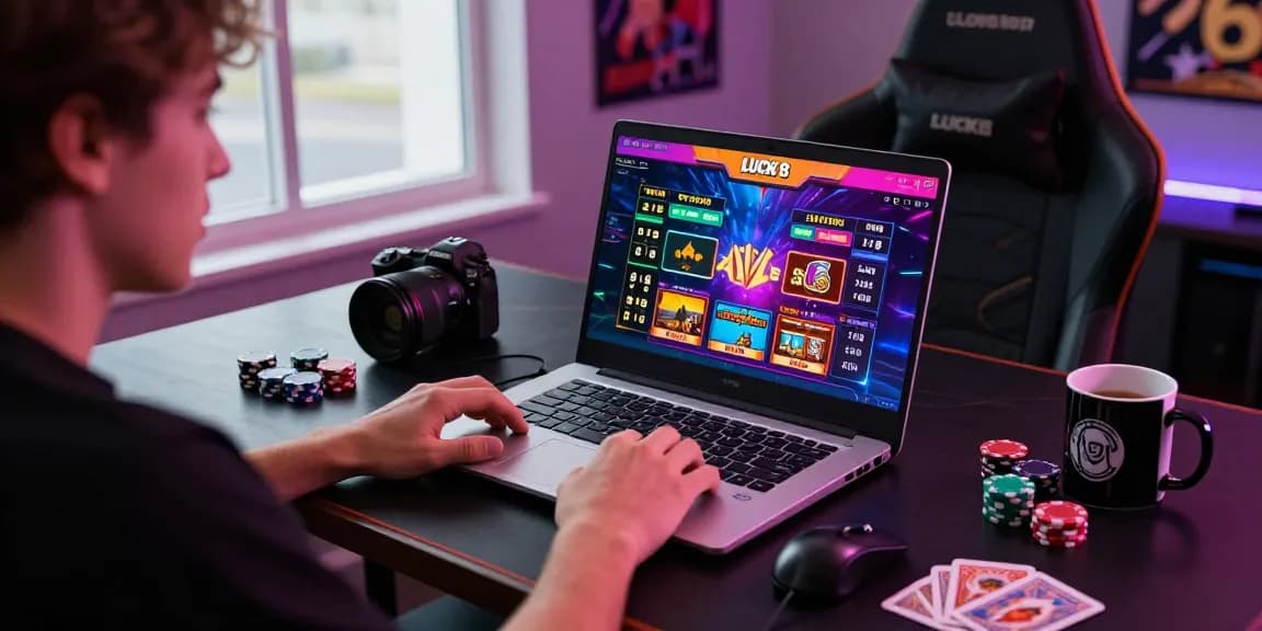 LUCK8 online gambling scene with vibrant gaming visuals and a player engaged in betting.