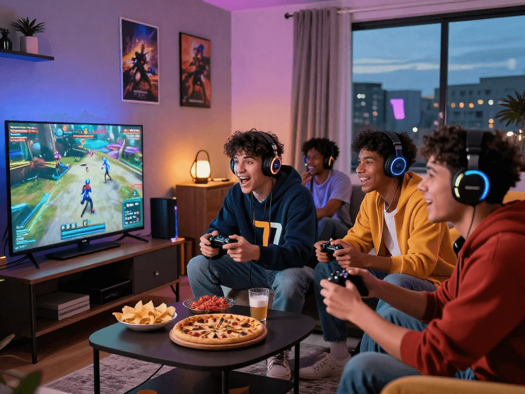 Friends playing games together in a lively living room, showcasing the lucky77 spirit.