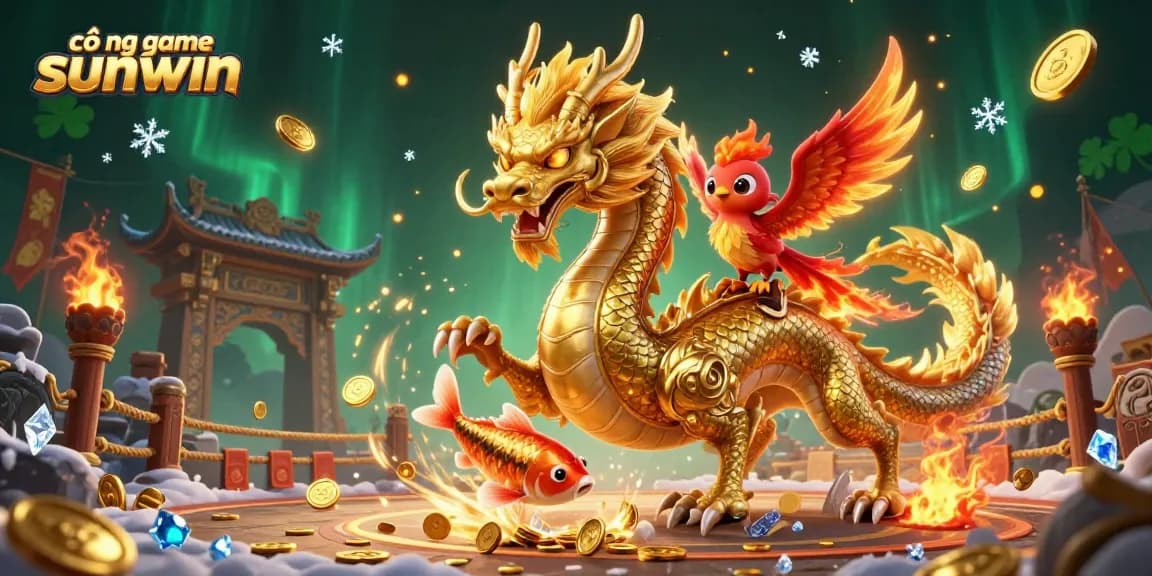 Engage with the vibrant cổng game sunwin scene featuring a dynamic dragon, phoenix, and koi amidst gold coins.