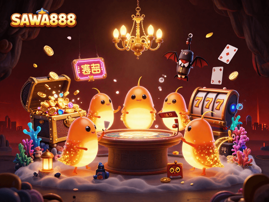 SAWA888 casino glowworms light up the gaming table, showcasing vibrant games and rich gold treasures.