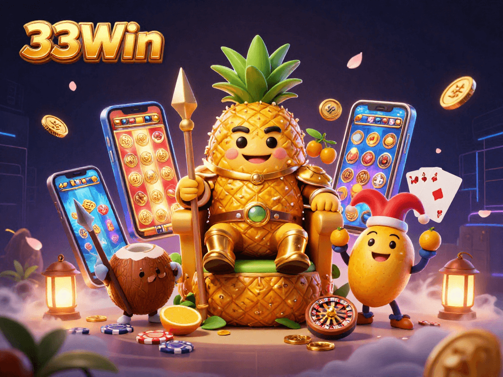Engage with thrilling gameplay at 33Win, featuring a 3D golden pineapple king and dynamic casino elements.