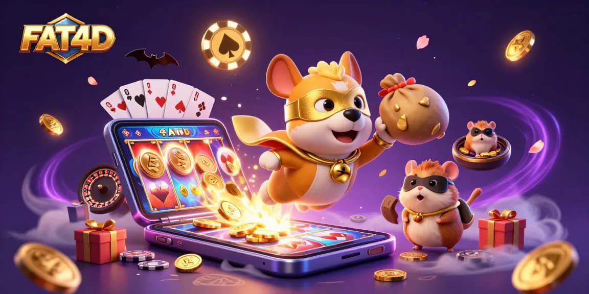 FAT4D reveals winning strategies with a cartoon superhero dog and hamster amidst a vibrant casino scene.