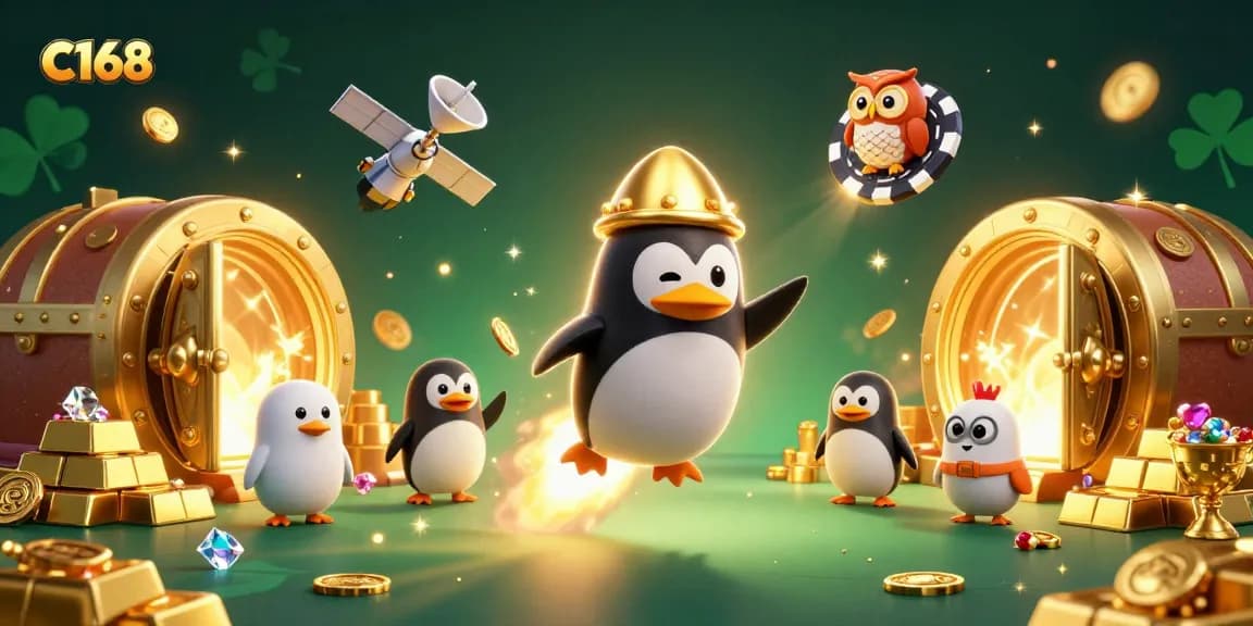 Experience thrilling games at C168 with vibrant casino-themed illustration and golden treasures.