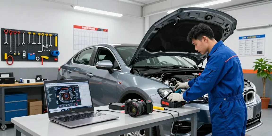 Mechanic diagnosing vehicle with advanced tools in a workshop, showcasing expertise in depo 5000.