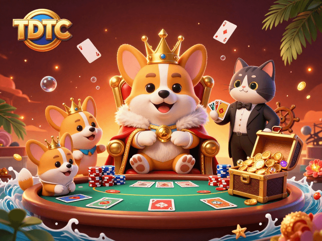 Experience exciting wins at TDTC with a royal corgi and vibrant poker elements in an immersive casino scene.