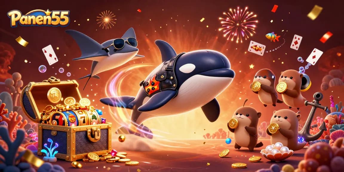 Panen55 showcases an exciting casino scene with a cartoon orca and friends celebrating winnings.