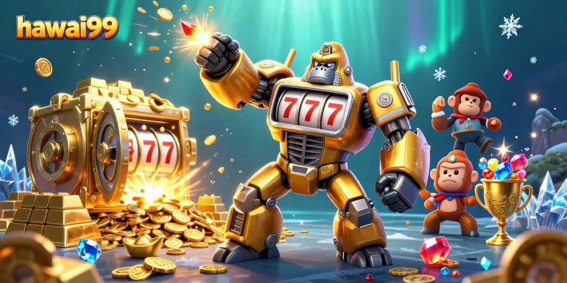 Experience the thrilling action of hawai99 with a dynamic golden gorilla mech and treasures bursting forth.