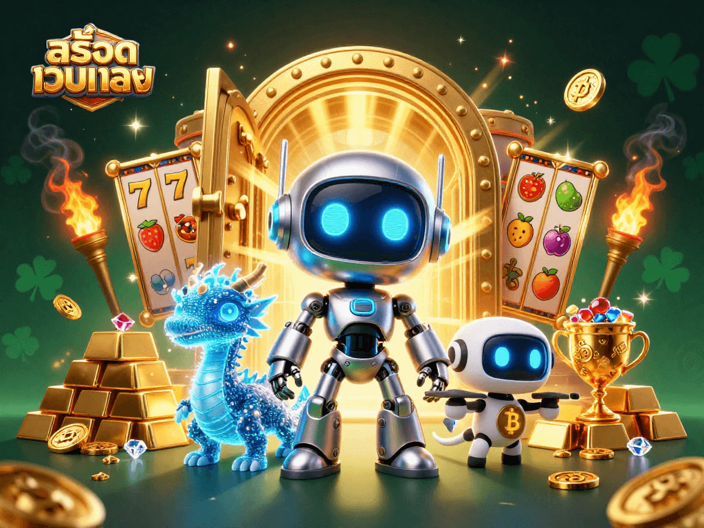 Engage with สล็อตเว็บตรง through dynamic slot reels and vibrant gaming elements in a thrilling scene.