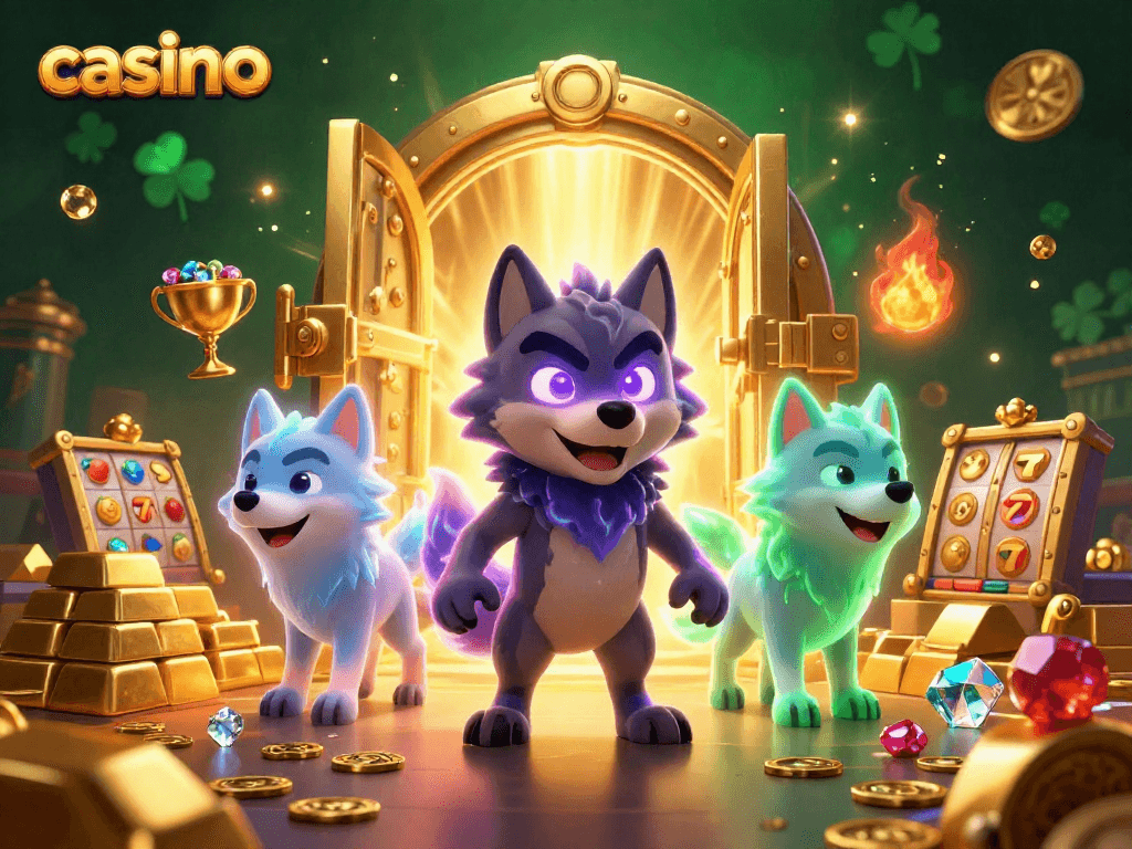 Engage with the immersive world of the casino featuring a mystical wolf leader and treasure.