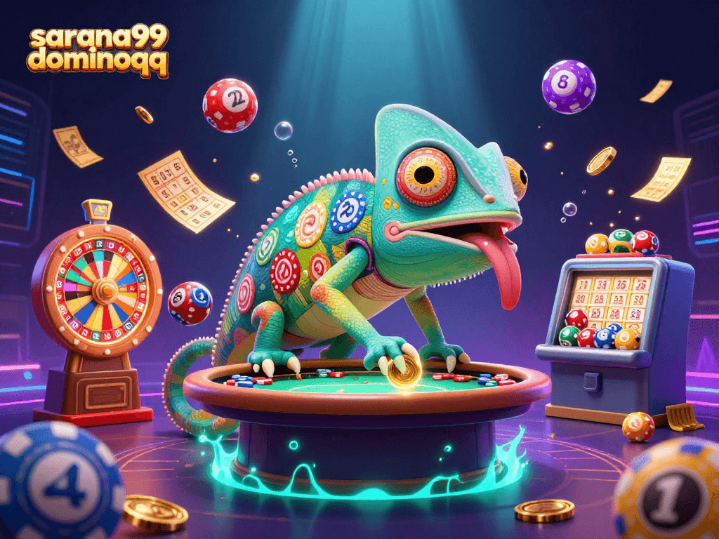 Sarana99 dominoqq showcases a vibrant 3D casino scene with a chameleon owner and dynamic game elements.