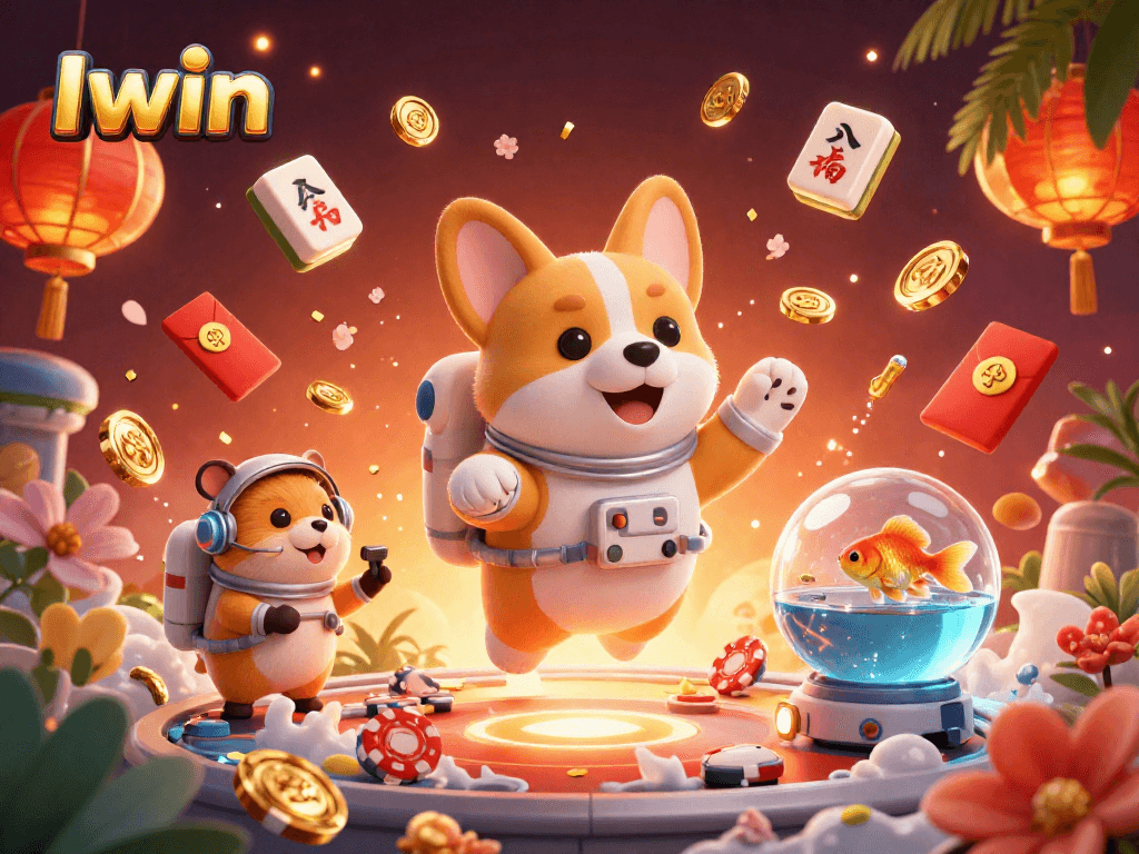 Iwin casino adventure with a floating corgi, golden coins, and festive decorations in a vibrant 3D space station