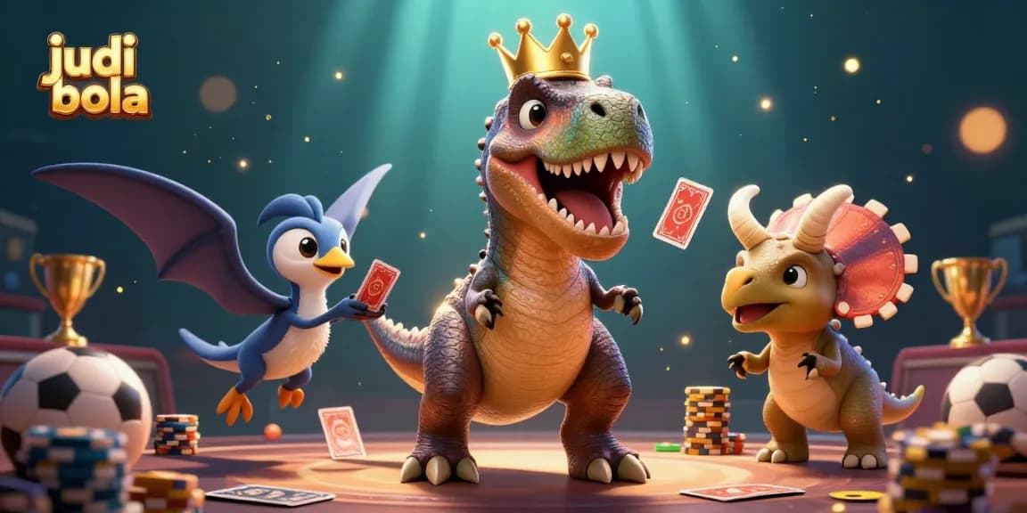 Engaging scene of judi bola with a T-Rex shuffling cards and a baby triceratops stacking chips, showcasing exciting betting elements.