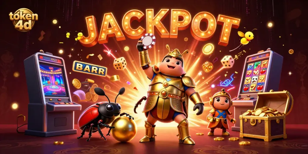 Slot jackpot "token 4d" dengan karakter unik dan banyak elemen kasino.