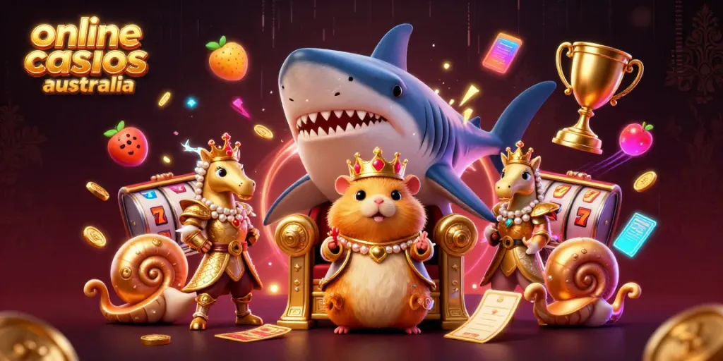 Experience thrilling online casinos Australia with a golden hamster king in a vibrant casino scene.