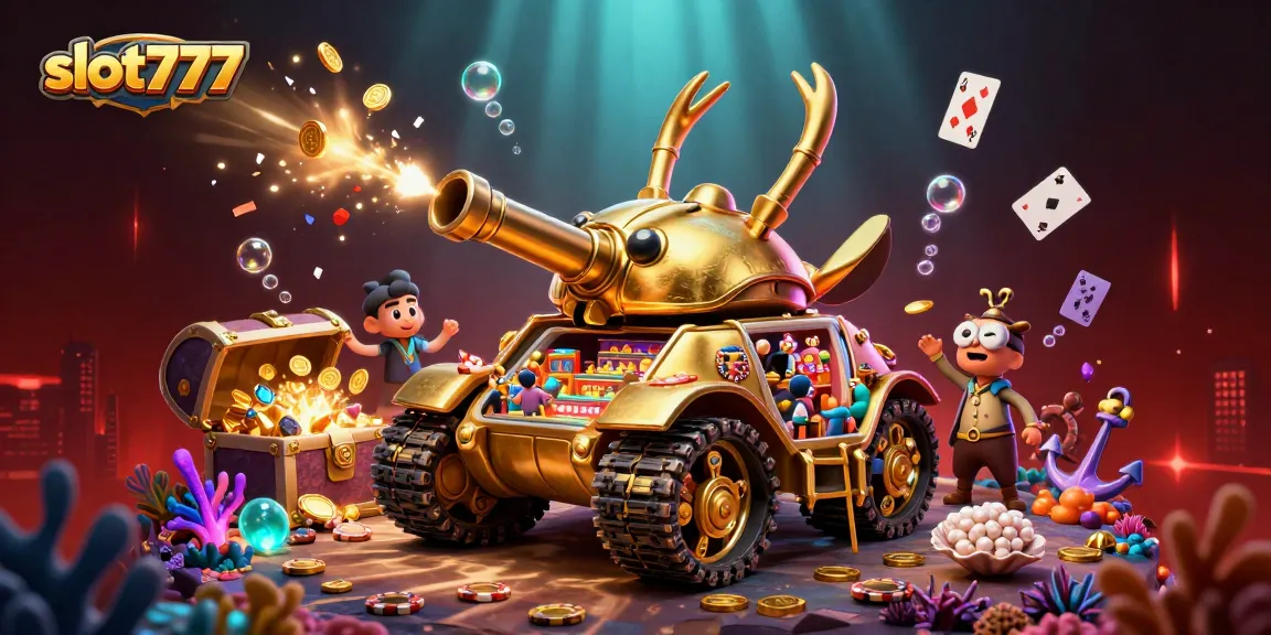 Experience the excitement of slot777 with a vibrant casino illustration showcasing lucky symbols and golden treasures.