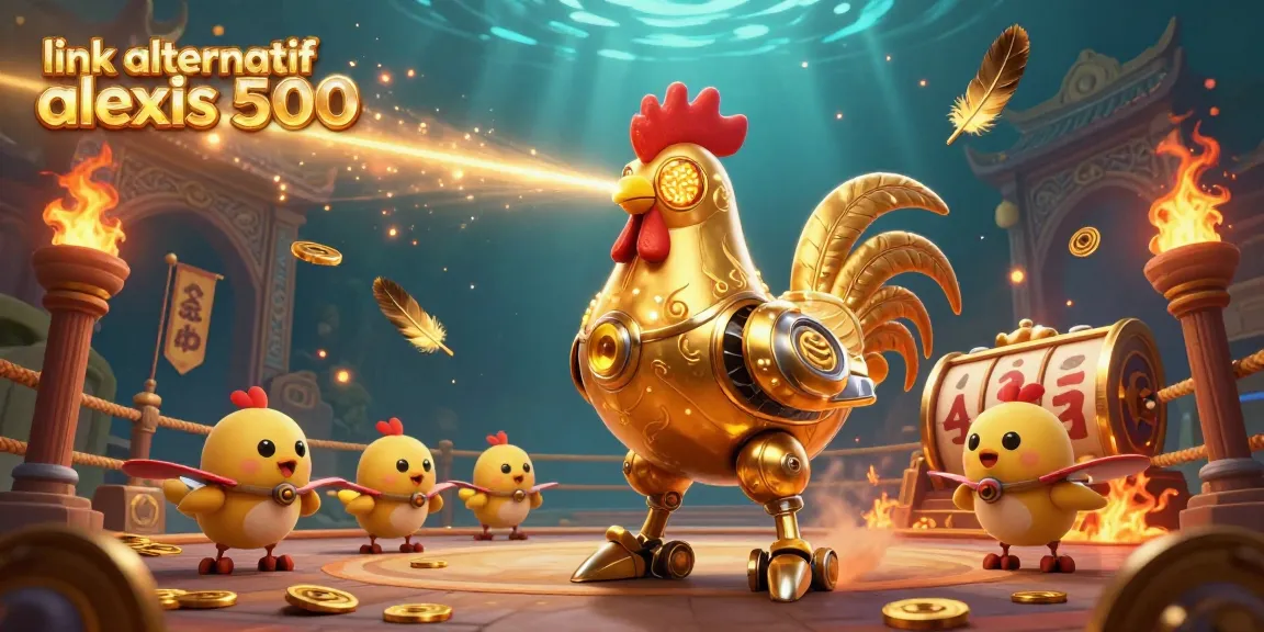 Engage with the exciting world of link alternatif alexis 500 through a dynamic 3D gaming scene featuring a golden rooster robot.
